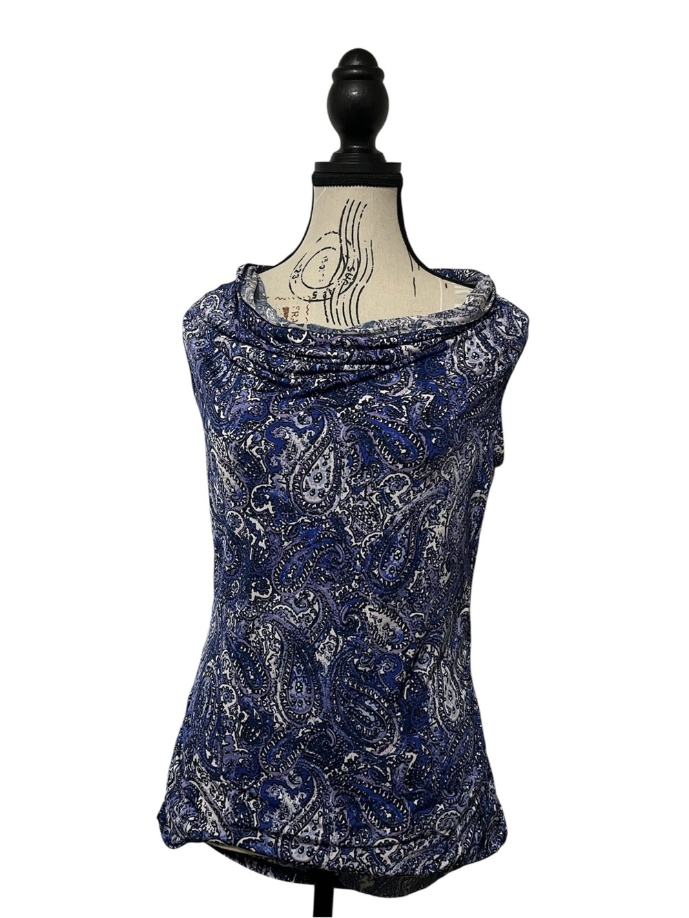 Dana Buchman Blouse Paisley Blue Women’s Small Cowl Neck. Discontinued Clothing.